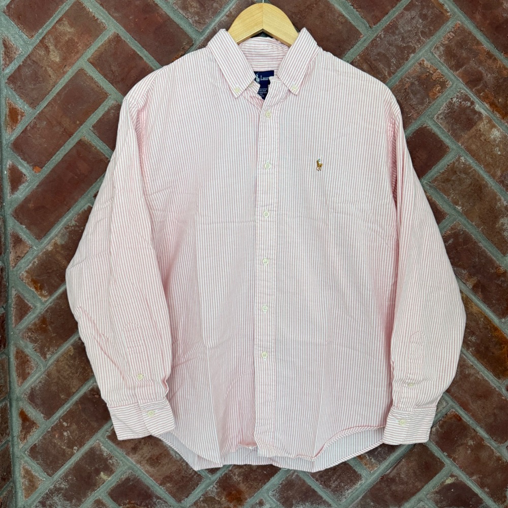 Ralph Lauren Button Down Shirt Boys 14 Pink Striped Oxford Long Sleeve Logo